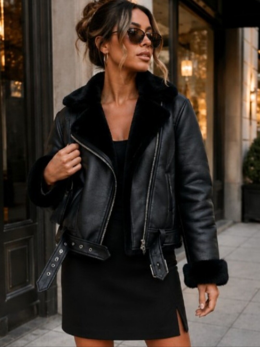Fashion Nova 1X Black Faux Leather Moto Jacket Faux Fur Lined Belted Winter Coat